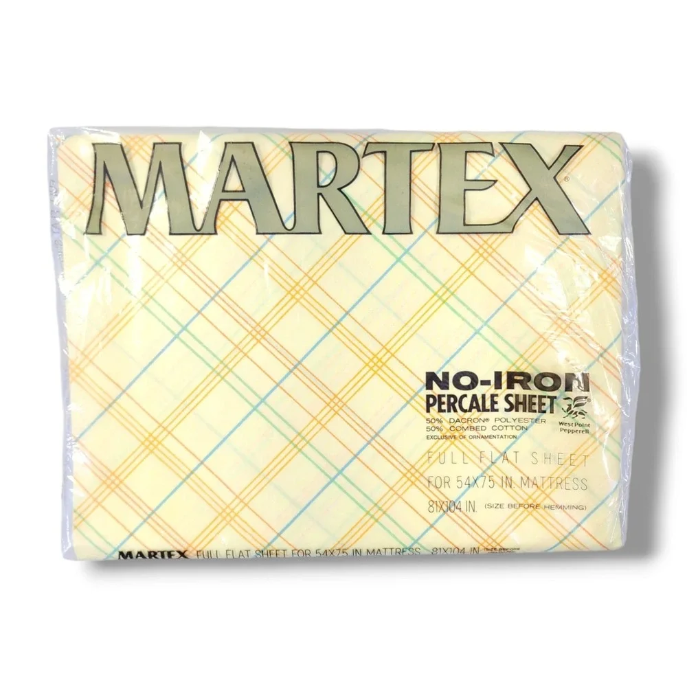 Vintage MARTEX Full Size No-Iron Percale 2-Flat Sheets 1-Pillowcase Yellow Plaid